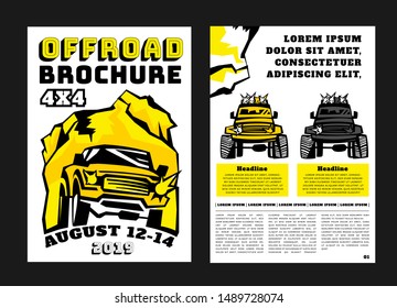 Vector off road event brochure template. Automotive backgrounds for portrait poster, digital banner, flyer, motorsport booklet and web design. Editable graphic image in black, yellow, white colors