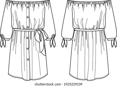 Vector de la moda del vestido de hombro CAD, vestido de mujer con cinturón y detalles de arco dibujo técnico, plantilla, plano, esbozo