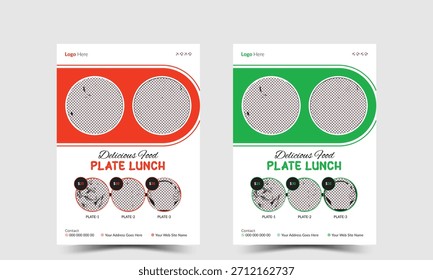 Vector offer featuring plate lunch flyer template with pricing and placeholder images keywords: plate lunch, food, flyer, menu, delicious, lunch, meal, offer, price, $25, $30, $35, restaurant