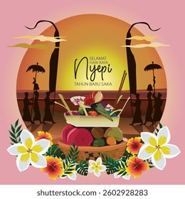 vector offerings of fruits and vegetables of Balinese people carrying flag umbrellas and offerings to celebrate Nyepi Hindu religion with beautiful flower frame