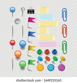 Vector office accessories set with pins and staples, clips scotch and magnets. Isolated on transparent background illustration