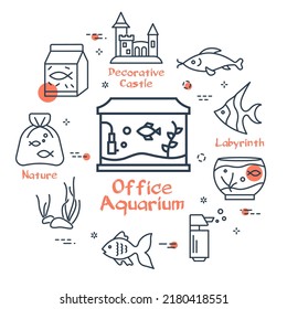 Vector office aquarium - round linear banner with red text
