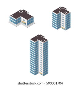 Vector office building and apartments.
Isometric 3d illustration of generic city building elements.