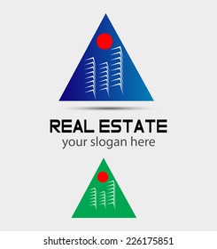 Vector office building lines logo isolated with sun and triangle icon