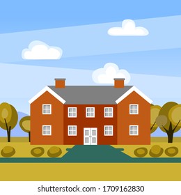 Vector del edificio de oficinas en la naturaleza. Hermoso paisaje de un día soleado y una gran casa sobre un fondo de árboles. Ilustración plana de un edificio escolar y universitario.