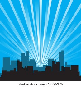 Vector - Office building and skyscraper silhouette against star burst background.