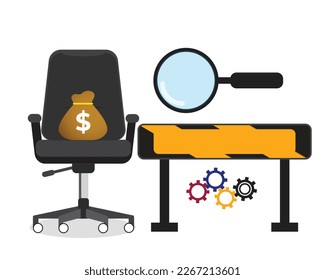 A vector of office chair with money bag, copyspace sign board, magnifying and gear on white background. Job available concept.