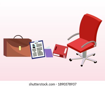 Vector of an office chair, several documents, and a briefcase