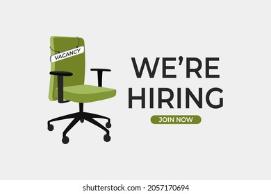 Vector office chair with vacancy text . Tagline "We're Hiring join now". used for recruiting and hiring. Vector illustration of an office chair isolated on a white background