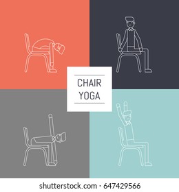 Vector office chair yoga pose set in trendy linear style