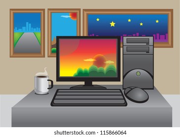 Vector office computer, coffee and photograph with frames