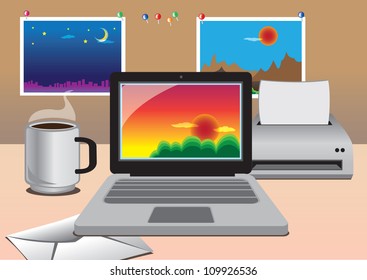 Vector office computer, printer, coffee and photographs