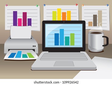 vector office computer, printer and coffee with business diagrams