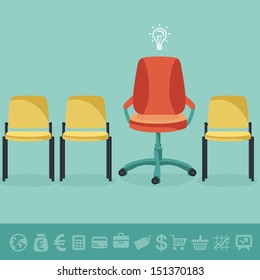 Vector office concept - office chairs in flat retro style and business icons