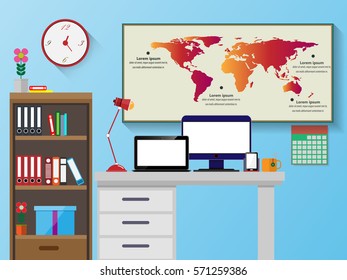 Vector office with a desk. Bookshelves and computer flat design illustration.