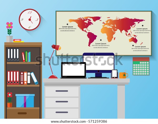 Vector Office Desk Bookshelves Computer Flat เวกเตอร สต อก ปลอด Vector Office Desk Bookshelves Computer