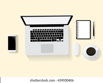 Vector of office desk with laptop, coffee, notebook and pen. Top view with copy space.