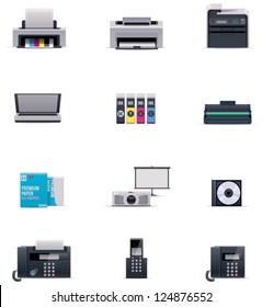 Vector office electronics icon set. Includes laser and ink printers, cartridges, scaner, printing paper, phone, fax, projector with screen