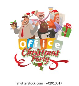 Vector office emblem "Christmas party" with cartoon image of two men and woman in a red Santa's hats with gift, cake and champagne in hands on a white background. Corporate party, Christmas, New Year.