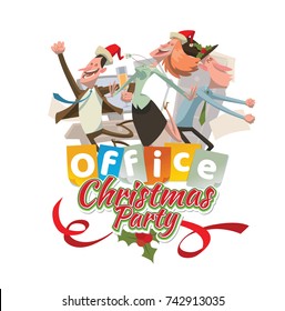 Vector office emblem "Christmas party" with cartoon image of young two men and woman in a red Santa's hats with champagne in hands on a white background. Corporate party, Christmas, New Year, office.