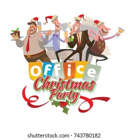 Vector office emblem "Christmas party" with cartoon image of four men in a red Santa's hats dancing with champagne in hands on a white background. Corporate party, Christmas, New Year, office.