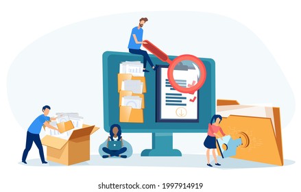 Vector of office employees managing  data base and file archive on computer server searching for documents in database.