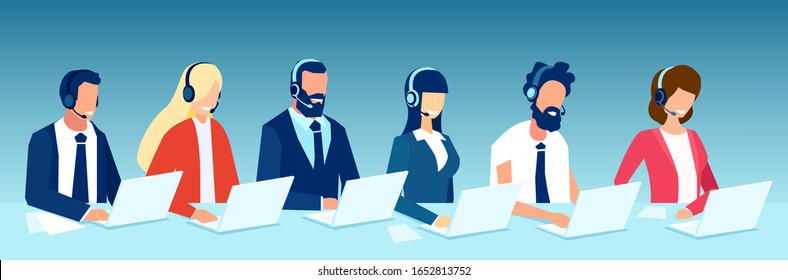 Vector of office employees men and women with headsets, customer support telemarketing agents. 