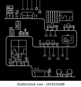 Vector Office Enviroment Outline Sketch Illustration, Different Floors And Rooms With Equipment