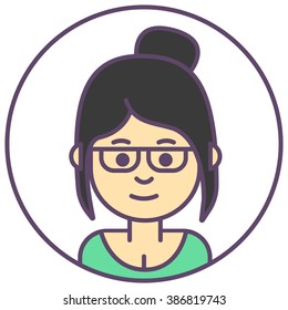 Vector office girl avatar. Girl in glasses icon. Girl with hair bun avatar.
