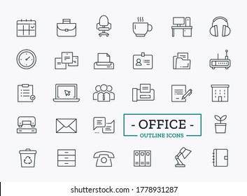 Vector office icons for dashboard. Thin line signs of team, printer, fax, mail, clock, paper stickers, computer, chat, headphones, corporate structure, user profile and different stationery