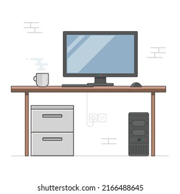 Vektorgrafik mit Holztisch, Computerturm, Monitor, Büroschublade, Maus, Tastatur und Maulkorb vor einer Wand mit Steckern.
