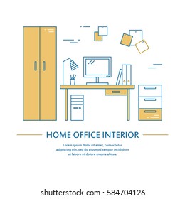 Vector office interior design brochure cover in line style. Flyer home decoration. Business presentation minimalistic background. Magazine catalog geometric house elements. Poster or booklet