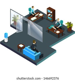 Vector office interior and waiting room. Coworkers in isometric room with wooden furniture; work team: senior and junior workers, sales managers, assistant, customer service. Waiting client.