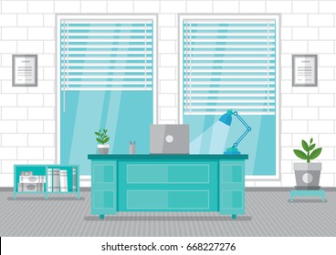 Vector office interior. Office workplace with table, bookcase, window.