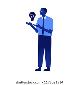 Vector office male people, manager or clerk holding light bulb symbol of idea, creativity. Business man, corporate character in suit, blue flat icon illustration