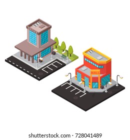 Vector office and mall isometric buildings isolated