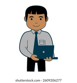 vector of office man working with laptop slightly to the side themed flat design white background