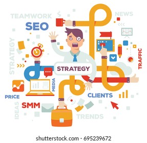 Vector office multitasking manager concept. Creative business illustration of crazy nervous manager with many hands holding different objects with word tags. Flat style design of web management poster
