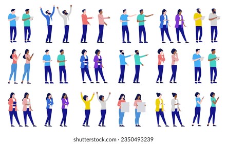 Vector office people collection - Set of diverse casual businesspeople standing, working and using devices. Flat design with white background