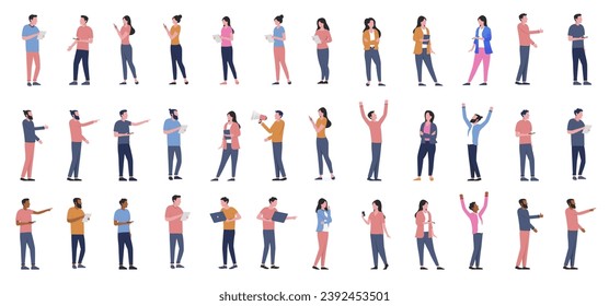 Vector office people collection - Set of businesspeople men and women with different ethnicities standing with computers, working and talking. Flat design characters on white background