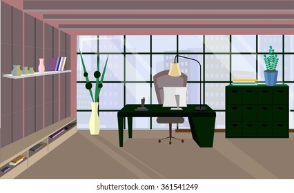 Vector office room interior in flat style. Armchair and table, computer and phone, view from the window on megapolis, skyscrapers. Business concept