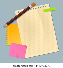 Vector office set of realistic blank empty colored sheets of paper from scratch papers or cribbling block with pencil. Yellow, pink and green sticker notice papers. Template collection.