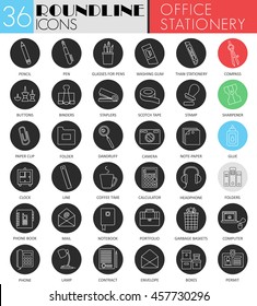 Vector Office stationery circle white black icon set. Modern line black icon design for web