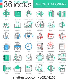 Vector Office stationery color flat line outline icons for apps and web design. Stationery icons elements