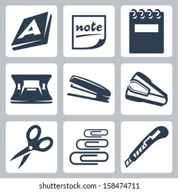 Vector office stationery icons set: ream, note, writing pad, hole punch, stapler, destapler, scissors, paper clips, utility knife