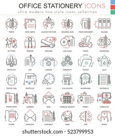 Vector Office stationery line red color line outline icons for apps and web design. Office stationery elements tools icons