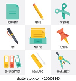 Vector office supplies icons set. Flat design. Isolated on white background. Set 5.
