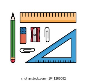 Vector office supplies. Set of isolated stationary items on the white background. Ruler, pencil, pencil sharpener, clips. 