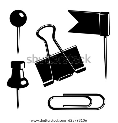 Vector Office Supplies. Thumbtacks, Paper clips, flag pin. 
