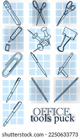 Vector office tools puck, pencil, scissors, binder, marker, clips